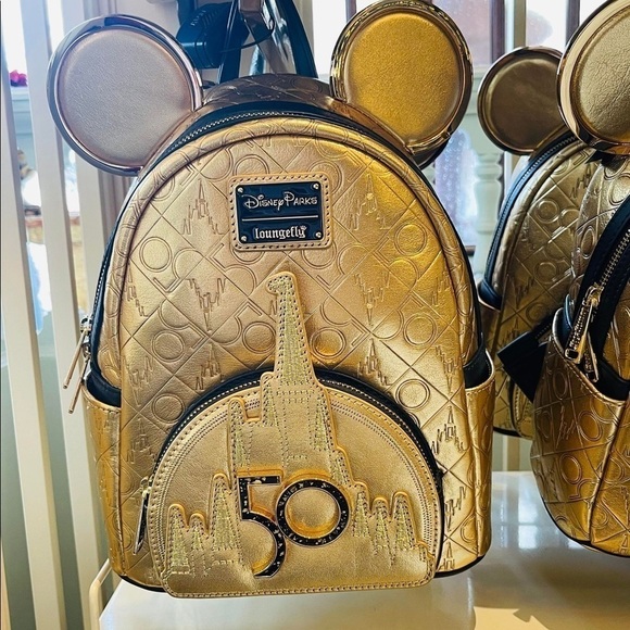Mickey Mouse Walt Disney World 50th Anniversary Leather Gold Loungefly Backpack - Picture 9 of 13